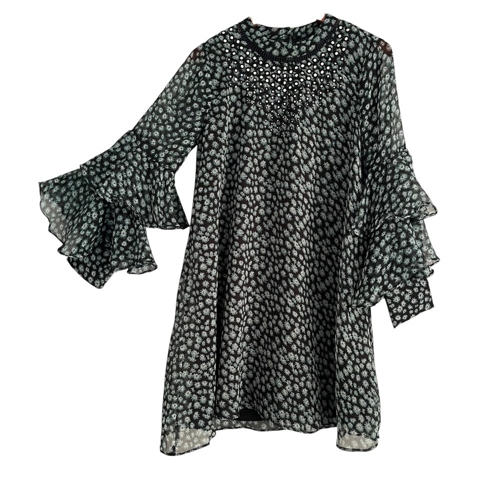 Anthro Ranna Gill Ruffled Tunic Mini Dress Sz S Dark Floral Feminine Boho Retro